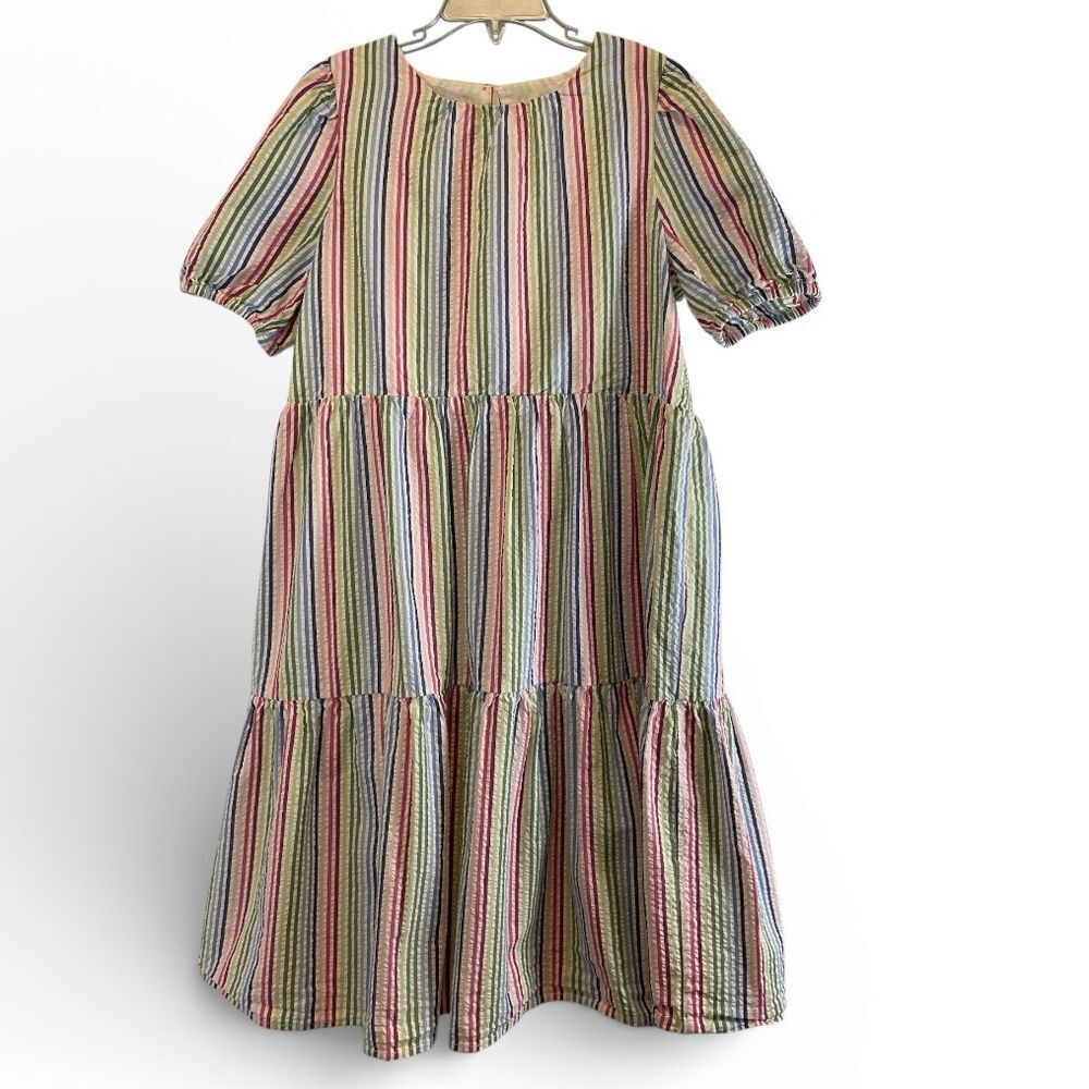 Crewcuts Girls Puff Sleeves Colorful Rainbow Seersucker Striped Dress size 10